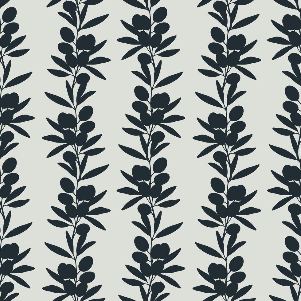 Olives ornament pattern, silhouette branch with fruits and leaves. vector