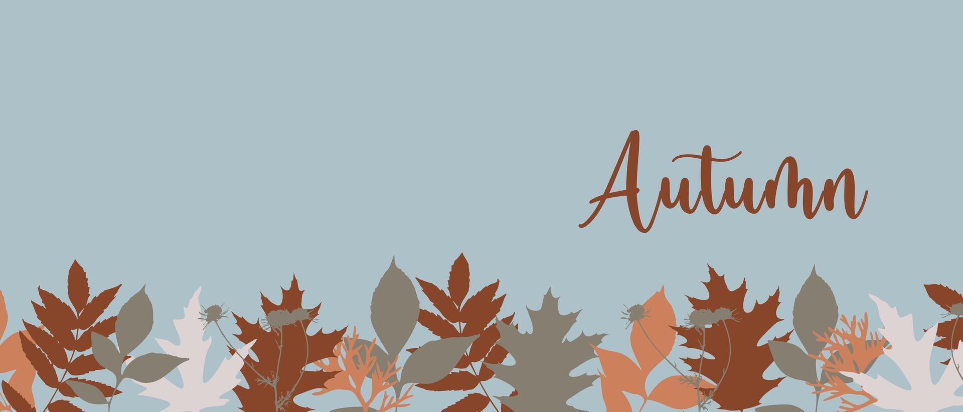 Ornament autumn leaves banner, horizontal background with imprint leaves on blue background. vector