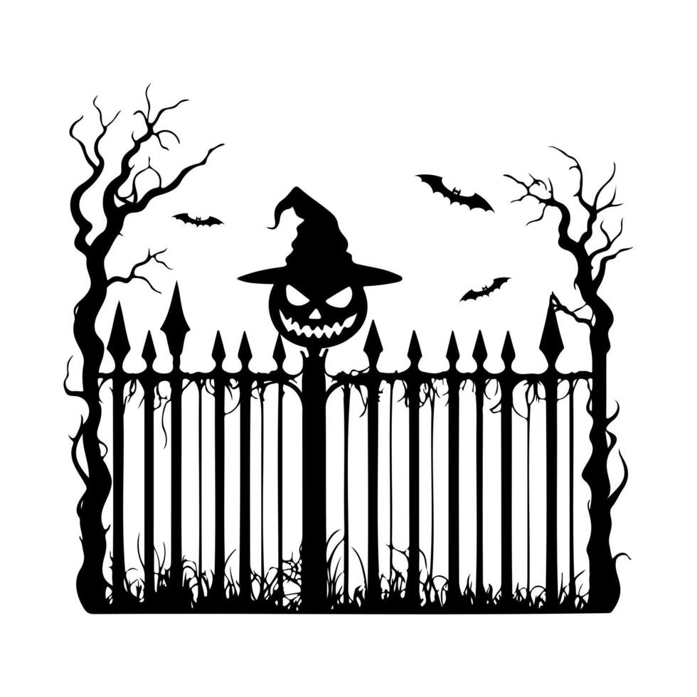 Scary pumpkin head in hat, put on Halloween old cemetery fence, black silhouette design element. vector