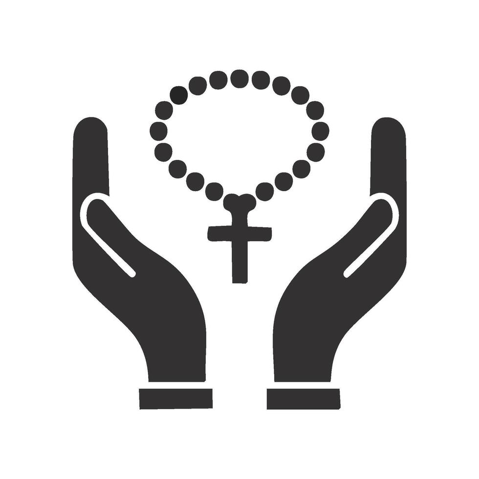 A simple but elegant illustration of two hands gently holding rosary beads in prayer, with the beads wrapping around the hands and a cross hanging down vector