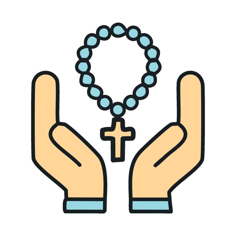 A simple but elegant illustration of two hands gently holding rosary beads in prayer, with the beads wrapping around the hands and a cross hanging down vector