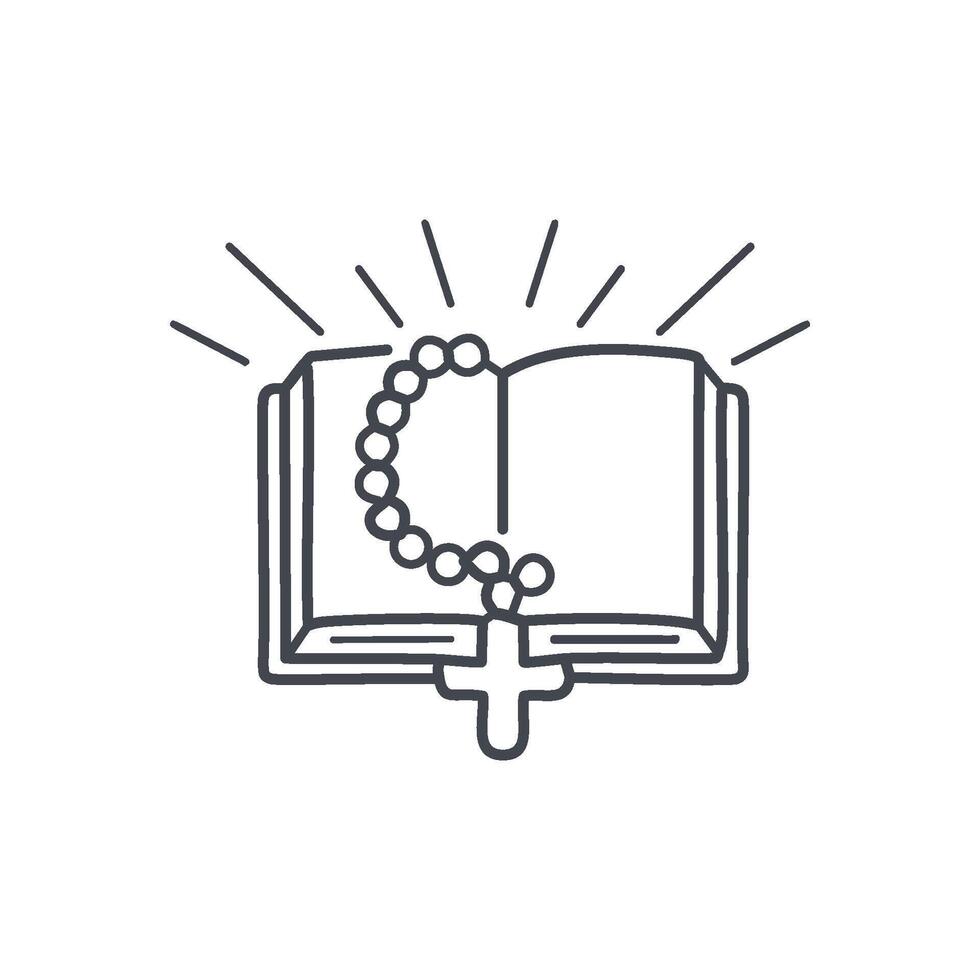 A detailed of rosary beads laid gently on an open Bible, with intricate beads and a delicate crucifix, surrounded by soft rays of light vector