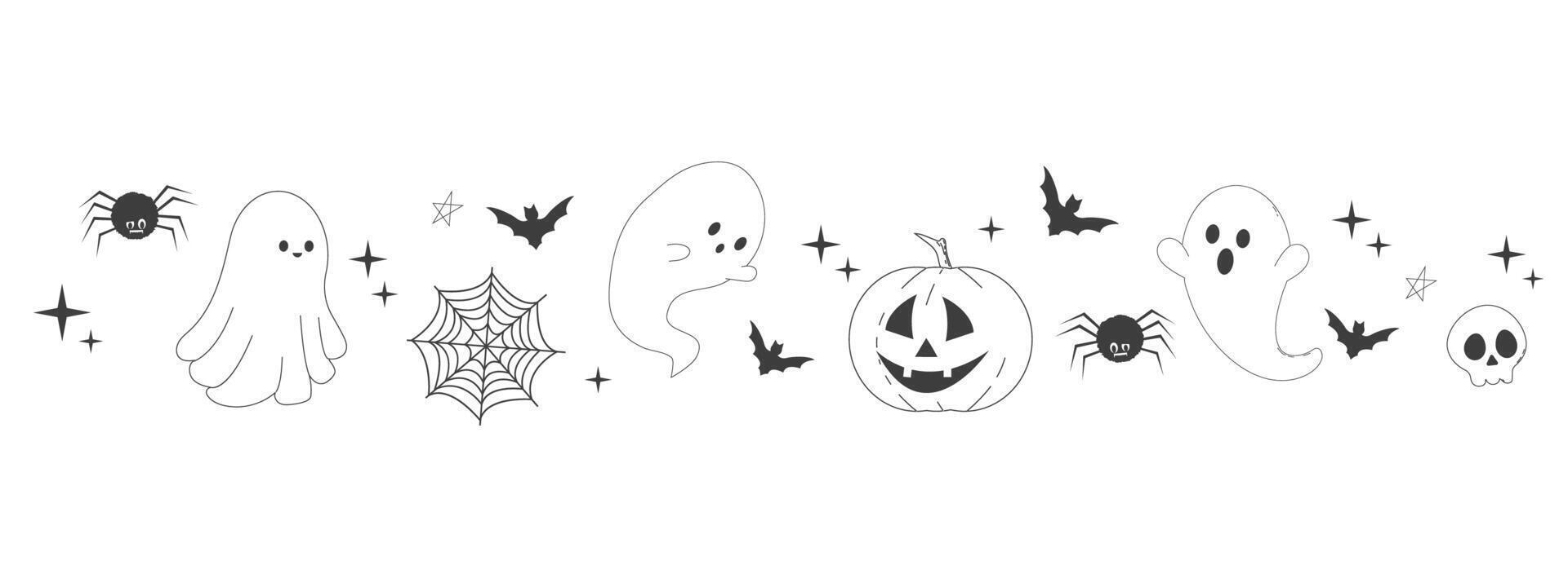 Cute halloween border, line ghost, pumpkin and silhouette bat, spider autumn decoration, Divider frame. Simple greeting. vector