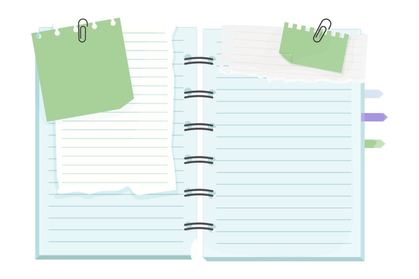 Memo notes, paper for note with clip, postit. Planner notebook page. Idea list. Post note sticker. Quote frame, reminder. vector