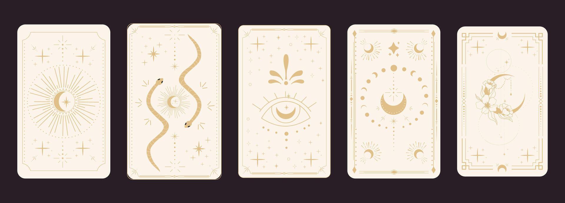 Tarot reverce border magic sacred frame gold line border celelstial mystery esoteric cover card decoration with snake stars and moon on dark background. vector