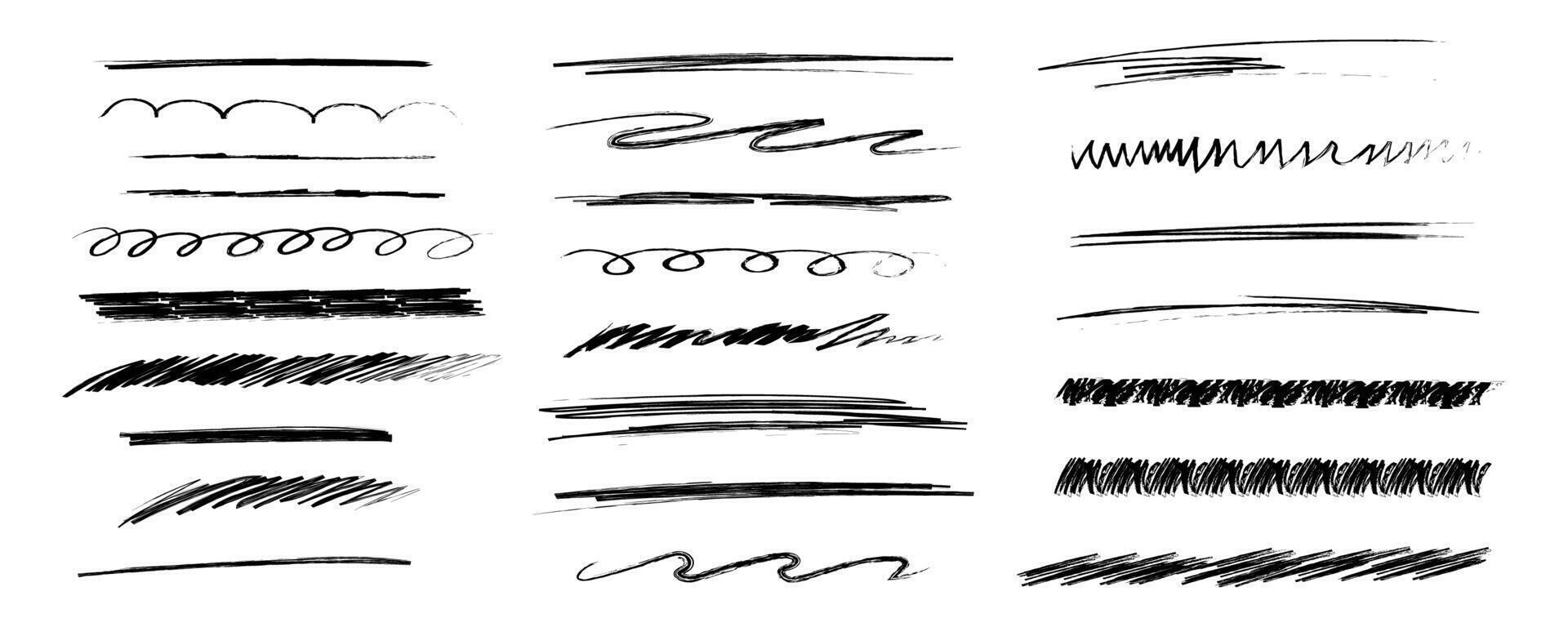 Chalk lines and squiggles, hand drawn doodle underlines thick line border, swoosh. Txtured sketchy crayon brush scribbles or wavy strokes vector