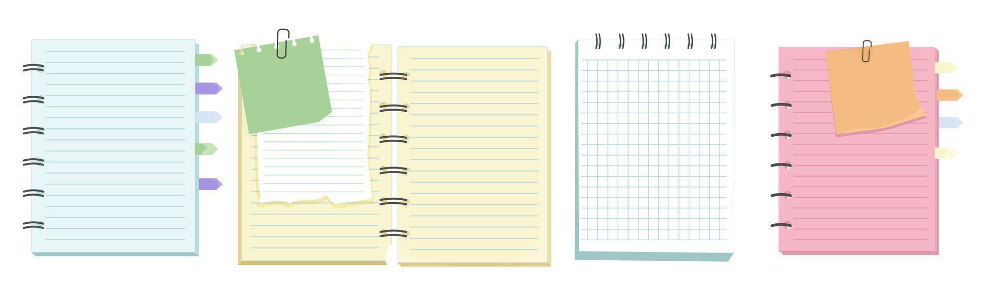 Memo notes, paper for note with clip, postit. Planner notebook page. Idea list. Post note sticker. Quote frame, reminder. vector