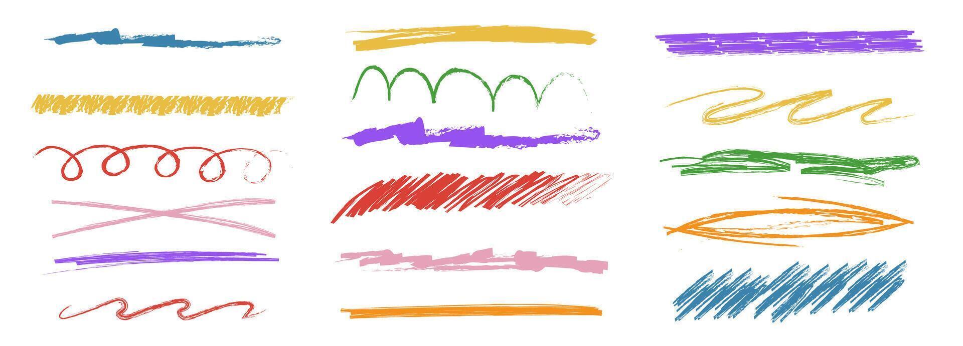 Chalk lines and squiggles, hand drawn doodle underlines thick line border, swoosh. Txtured sketchy crayon brush scribbles or wavy strokes vector