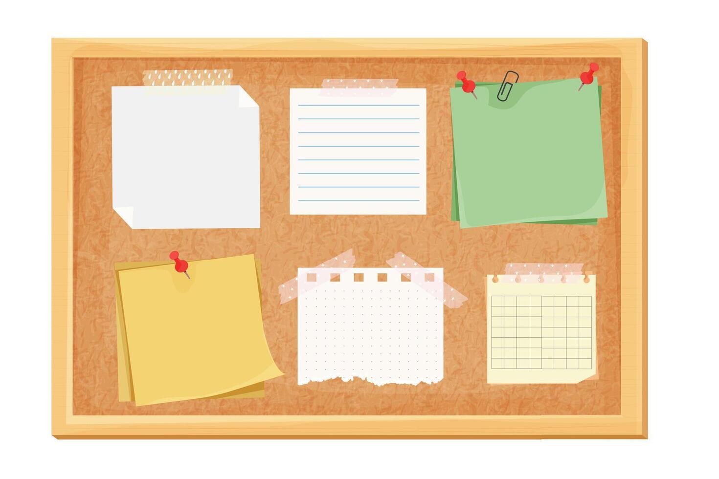 Sticky notes, paper reminder on corkboard with pin, tape. Postit, memo notes, idea or lists sheets. Organizer, wood frame. vector