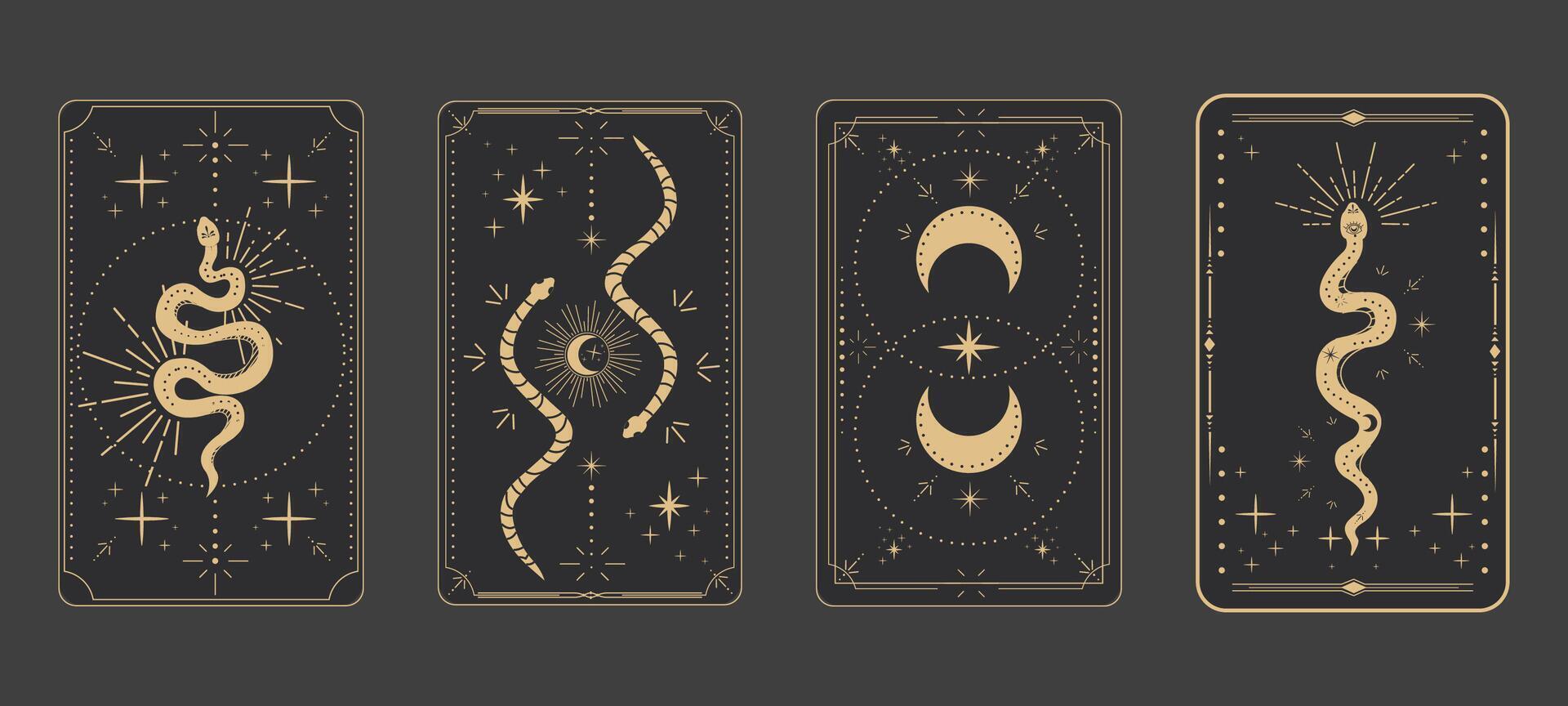 Tarot reverce border magic sacred frame gold line border celelstial mystery esoteric cover card decoration with snake stars and moon on dark background. vector