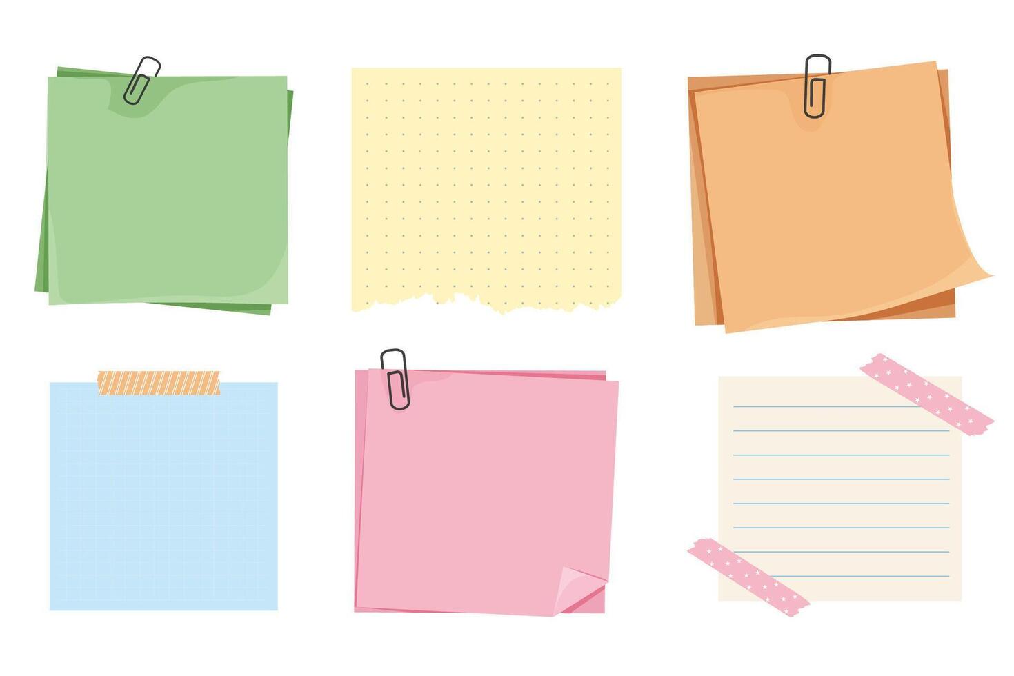 Memo notes, paper for note with clip, postit. Planner notebook page. Idea list. Post note sticker. Quote frame, reminder. vector