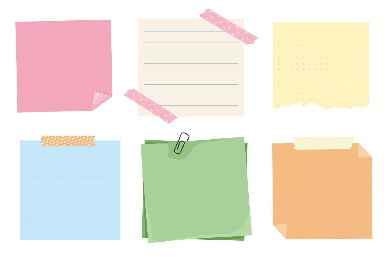 Memo notes, paper for note with clip, postit. Planner notebook page. Idea list. Post note sticker. Quote frame, reminder. vector
