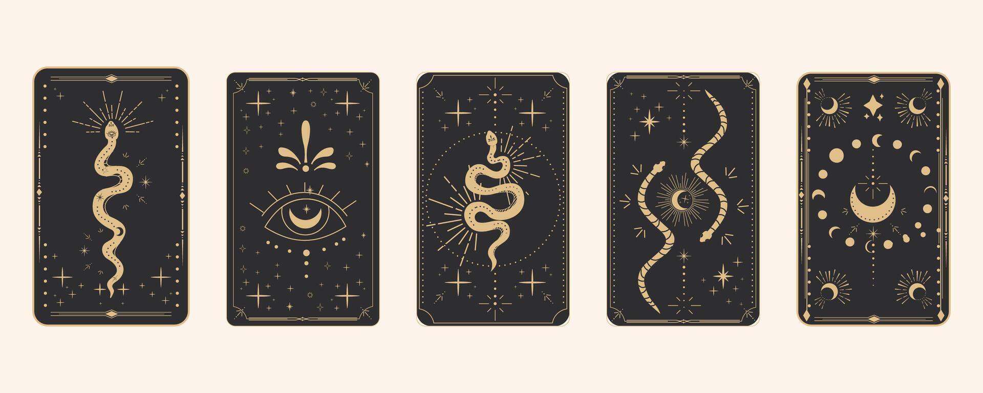 Tarot reverce border magic sacred frame gold line border celelstial mystery esoteric cover card decoration with snake stars and moon on dark background. vector