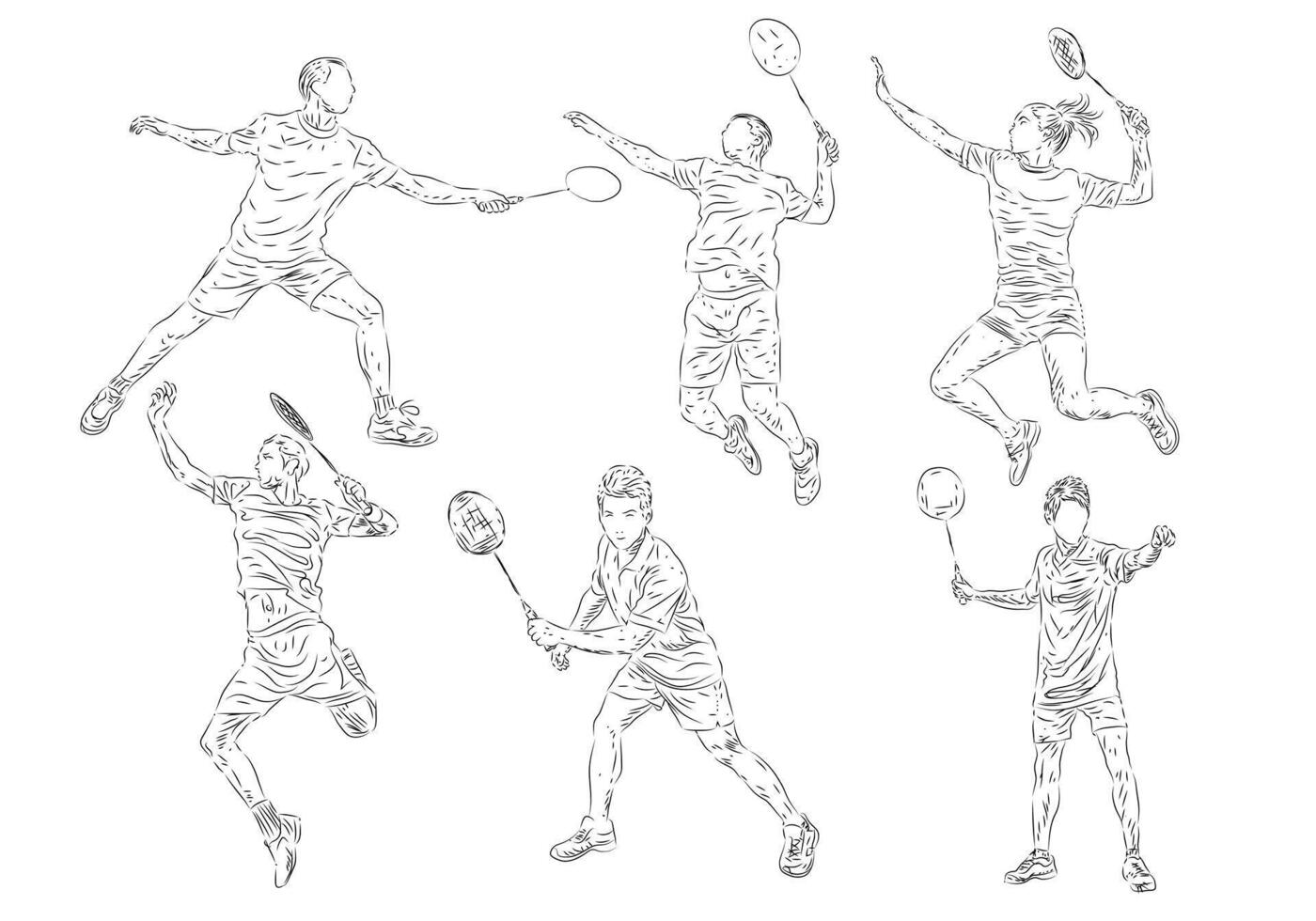 Sketch badminton player collection illustration for background design. Black and white. vector