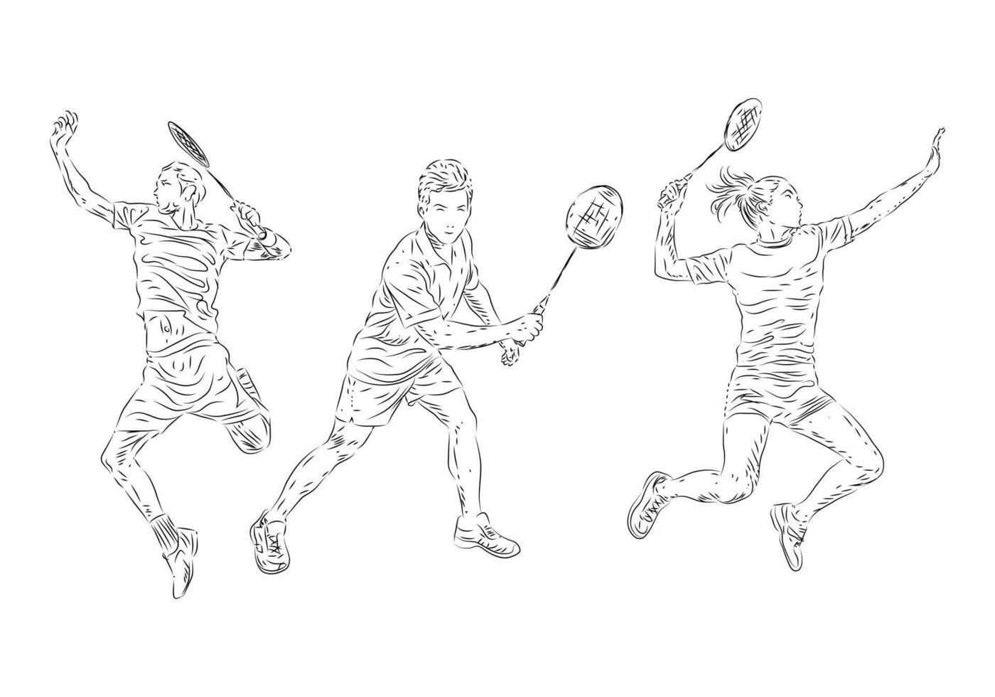 Sketch badminton players illustration in black white. vector