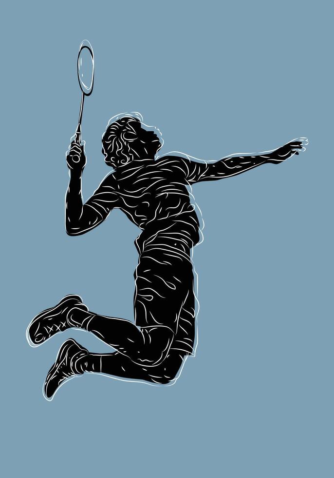 Sketch badminton players silhouette illustration for background design. Black and white with blue background. vector
