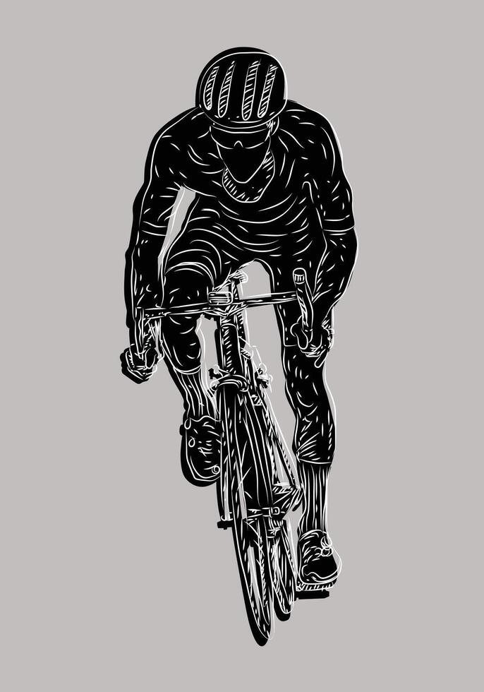 Sketch man riding bicycle front view illustration. Drawing silhouette. vector