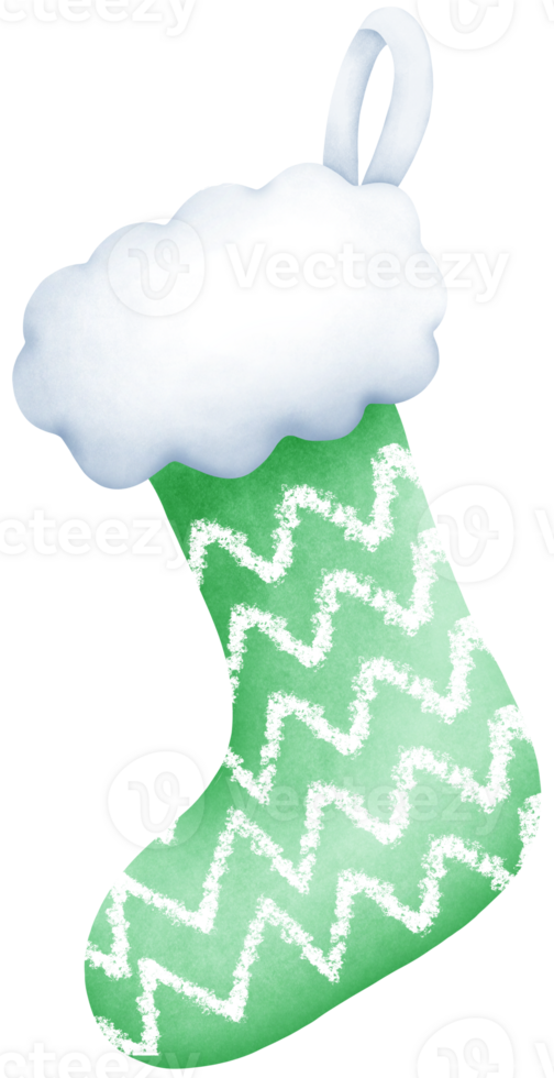 Cute Watercolor green Christmas Stocking with white stripes Illustration for Holiday Decorations and Gifts png