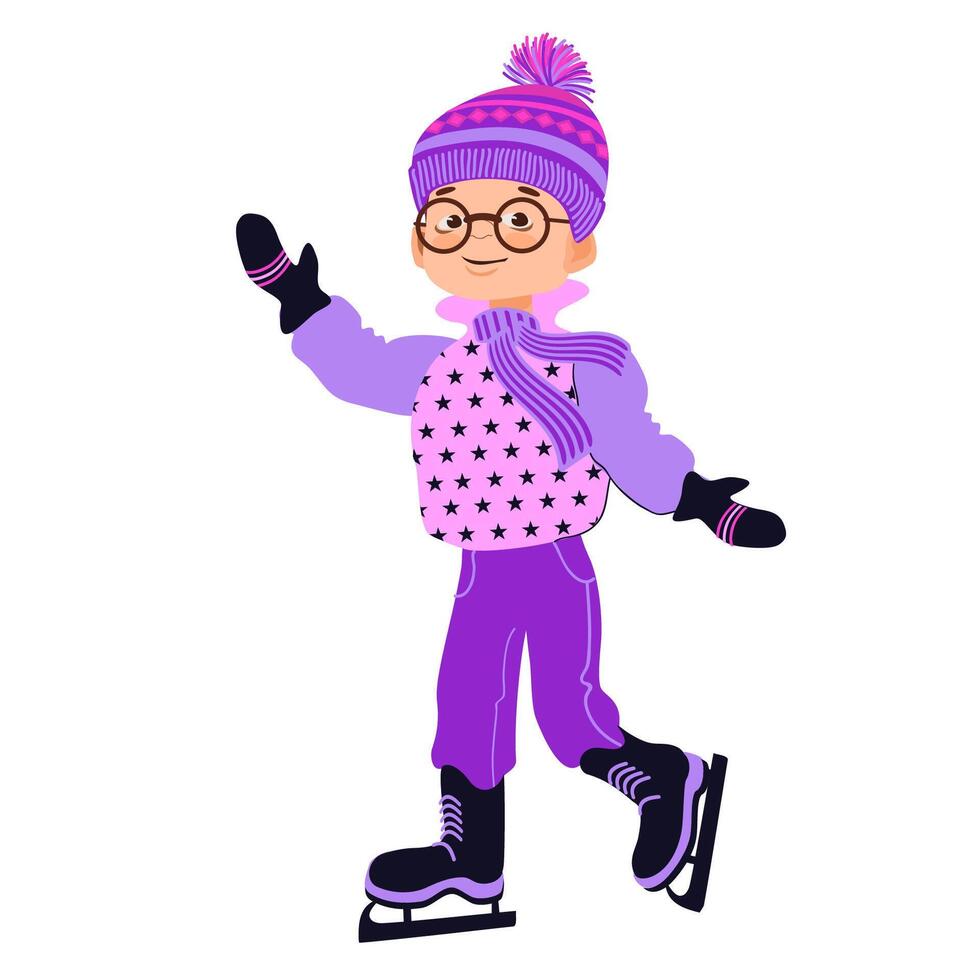 Happy boy in winter clothes skating. Winter outdoor activity. Hand-drawn flat illustration. vector