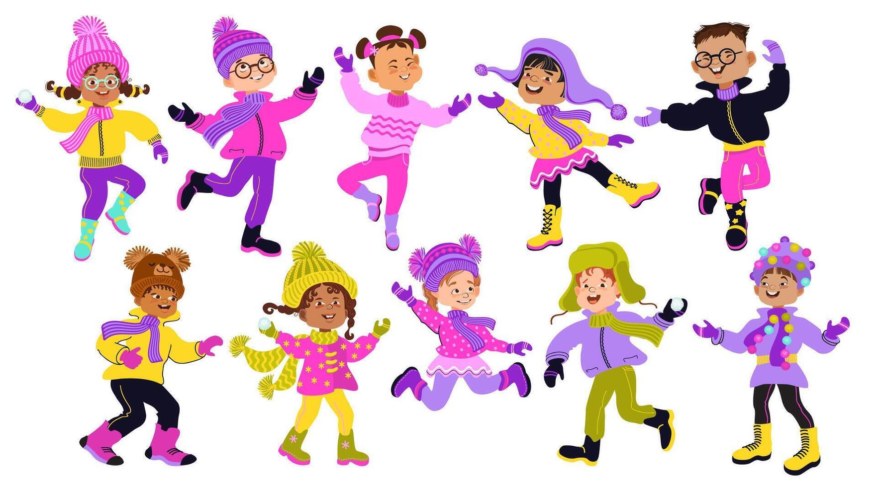 Cute cartoon children in bright winter clothes. illustration. vector
