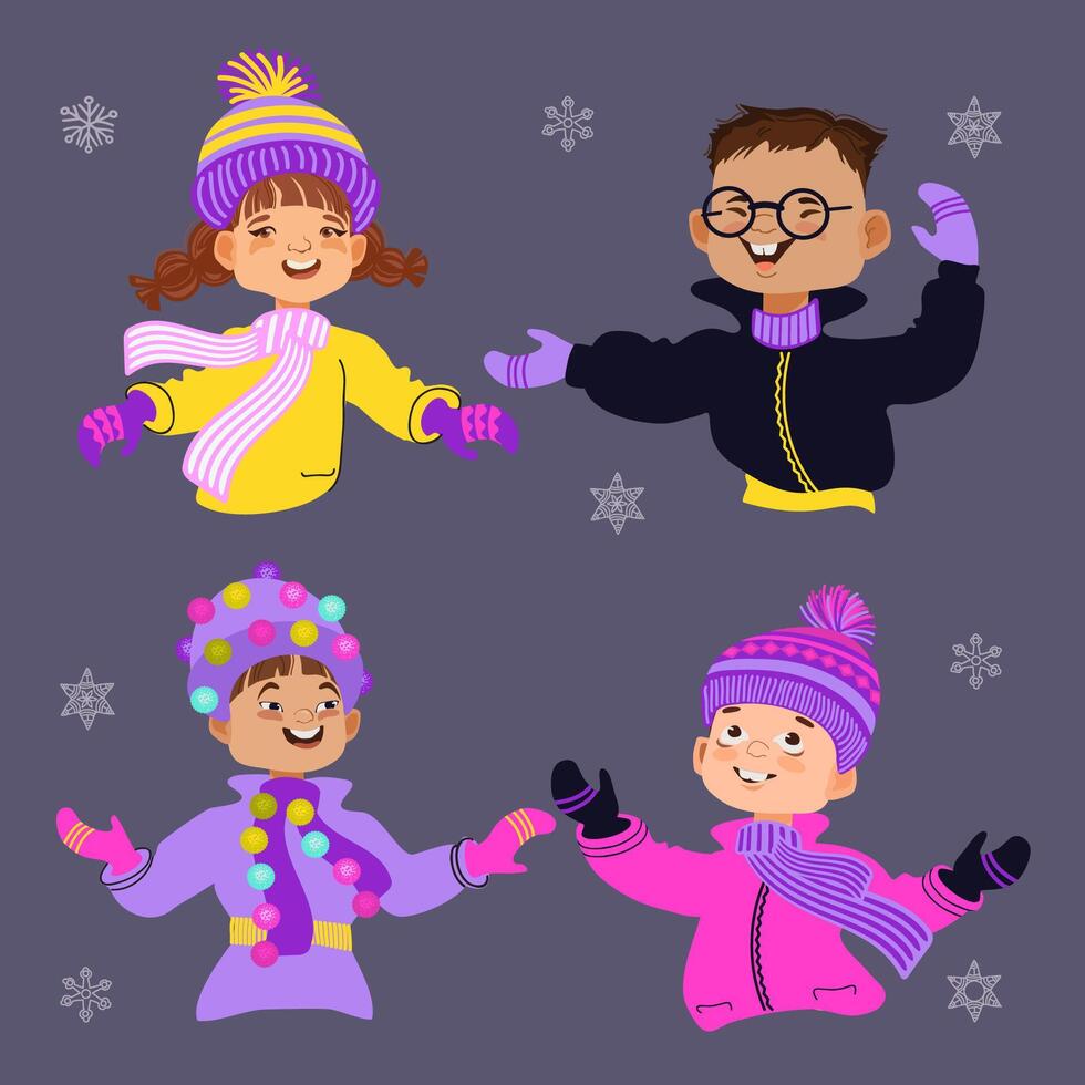 Set of cartoon happy children in bright winter clothes. Flat illustration. vector