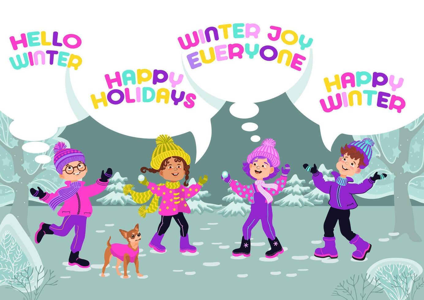 Hello winter. Happy children in the park. Flat illustration. vector