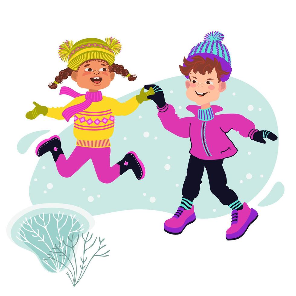 Happy children jumping around and having fun. Winter. Flat illustration. vector