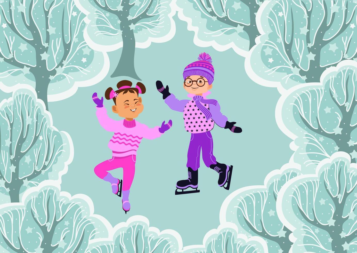 Happy children skating in the snowy park. Flat illustration. vector