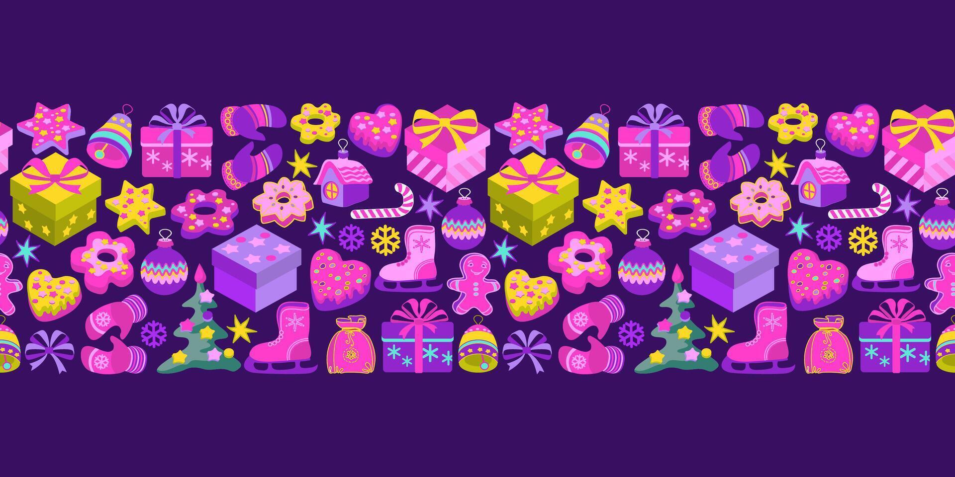 Festive decorations. Hand-drawn Christmas seamless pattern with toys. Flat illustration. vector