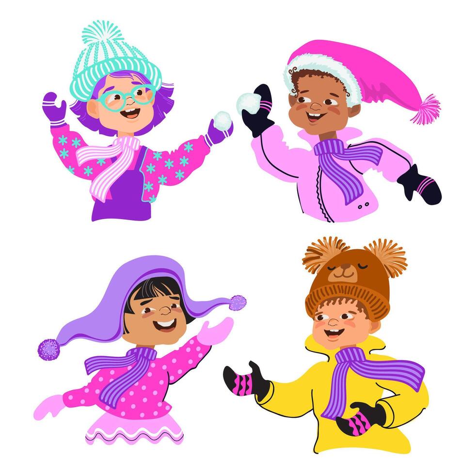 Set of happy children in bright winter clothes. Flat style illustration. vector