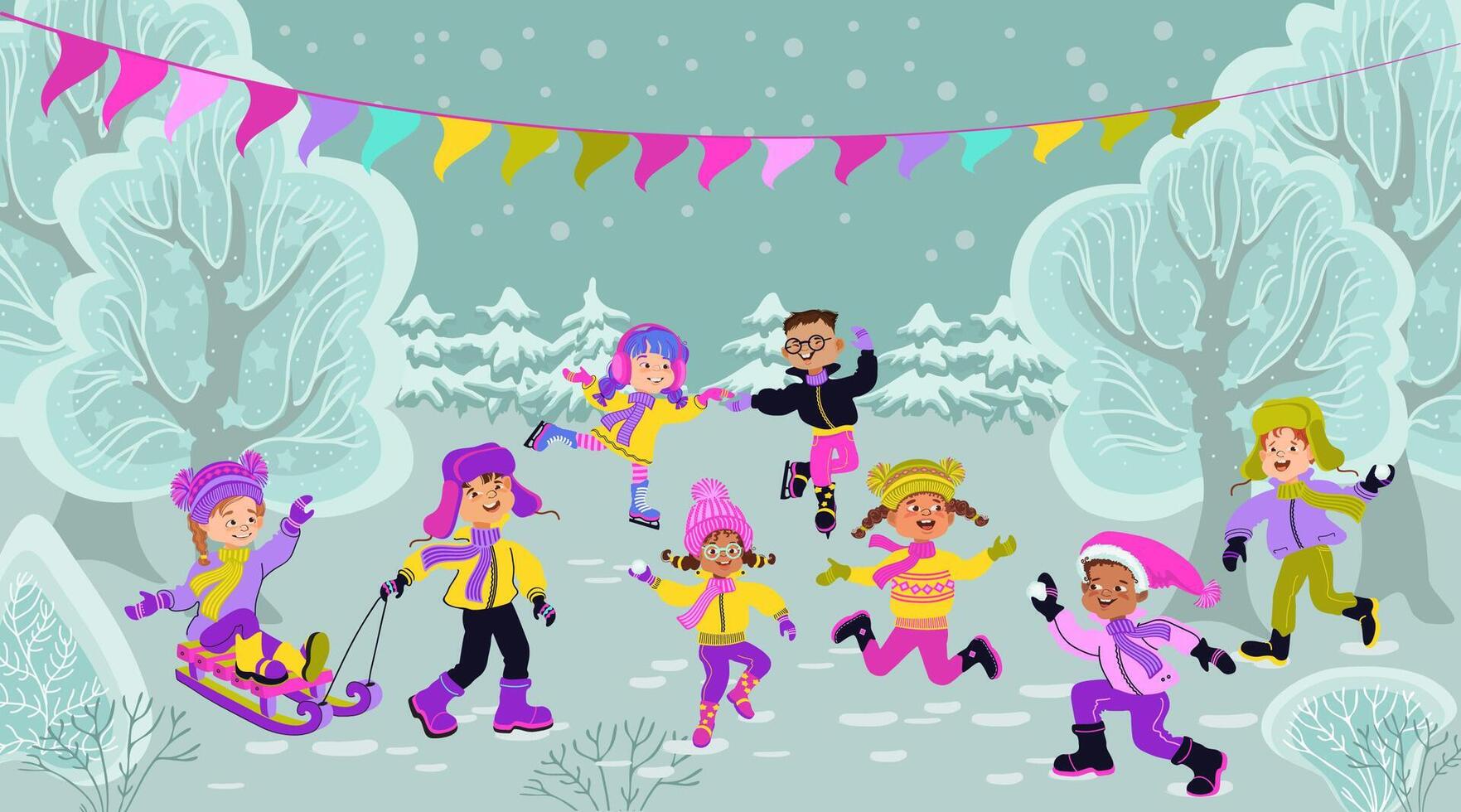 Happy children with sleigh. Winter outdoor activity. . vector