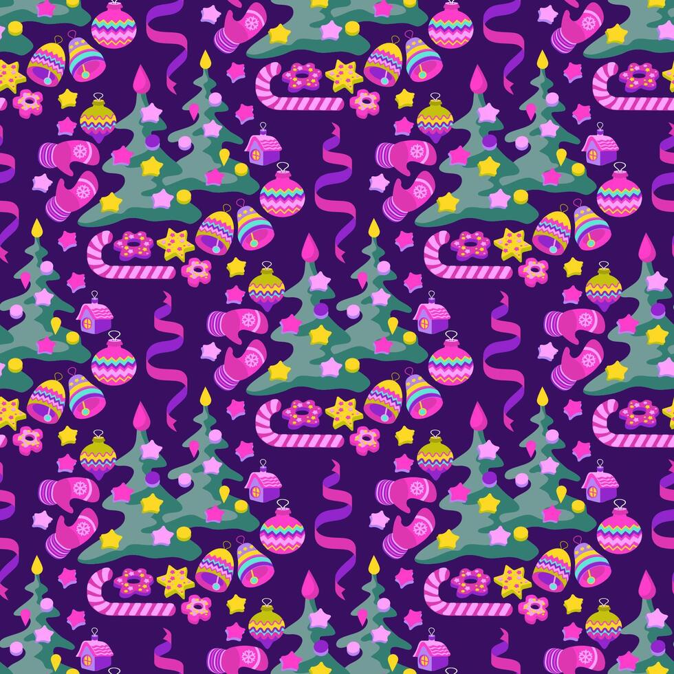 Christmas seamless pattern with festive decorations. Cookies, Christmas tree. Endless hand-drawn . vector