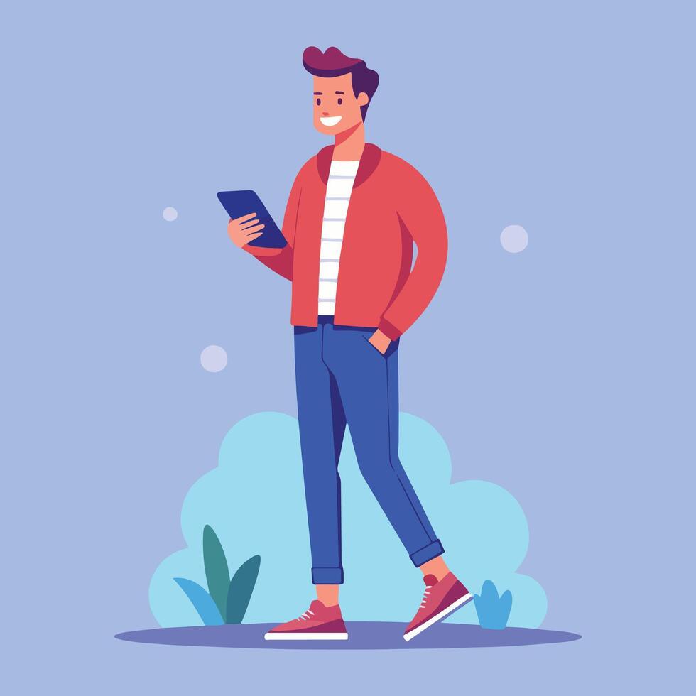 a man is standing and using a smartphone Flat illustration vector