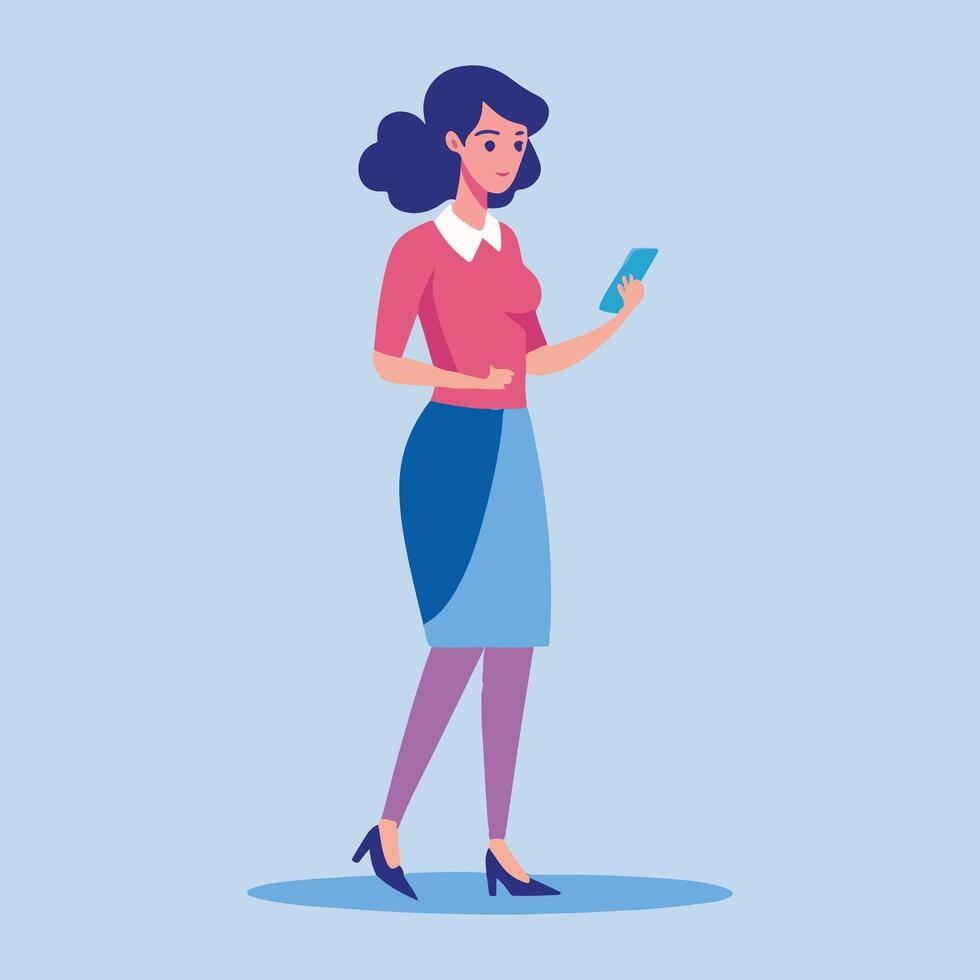 woman is standing and using a mobile phone Flat illustration vector