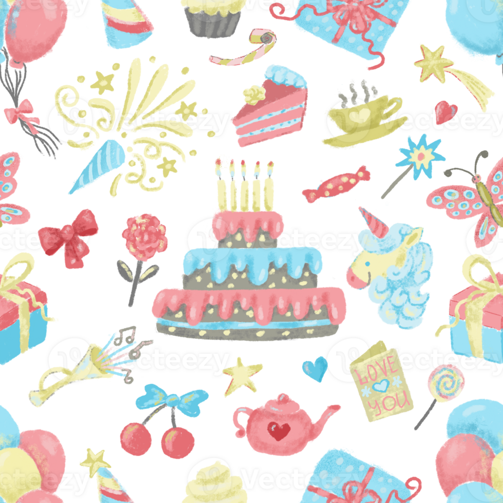 Seamless pattern with watercolor objects and elements for happy birthday celebration. Holiday anniversary and greetings concept, colorful cartoon doodles and cliparts. png