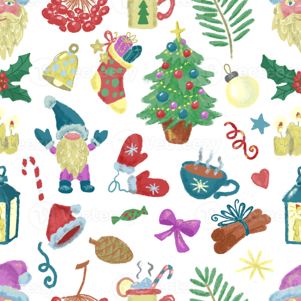 Seamless pattern with watercolor objects and elements for christmas and new year holidays. Seasonal greetings concept. Colorful cartoon doodle illustrations and cliparts png