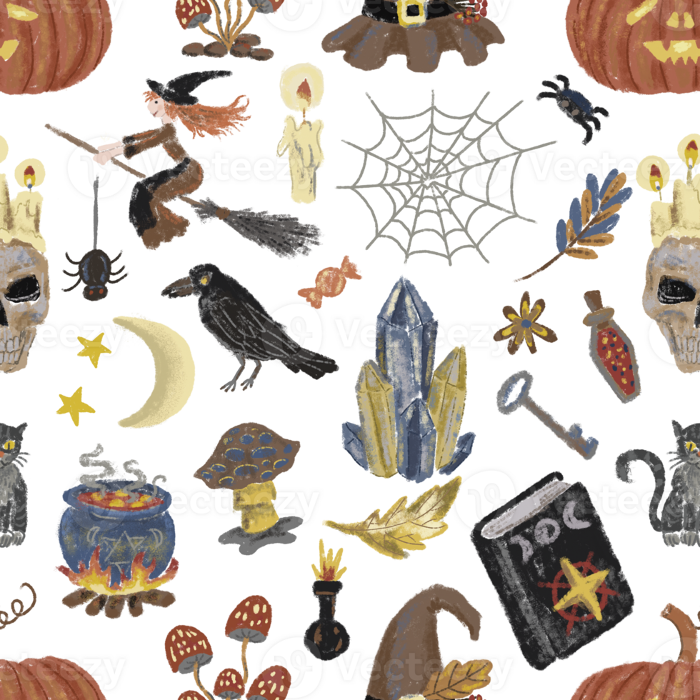 Seamless pattern with watercolor Halloween objects. Mystic, esoteric and gothic concept. Season holiday cartoon doodles and cliparts png