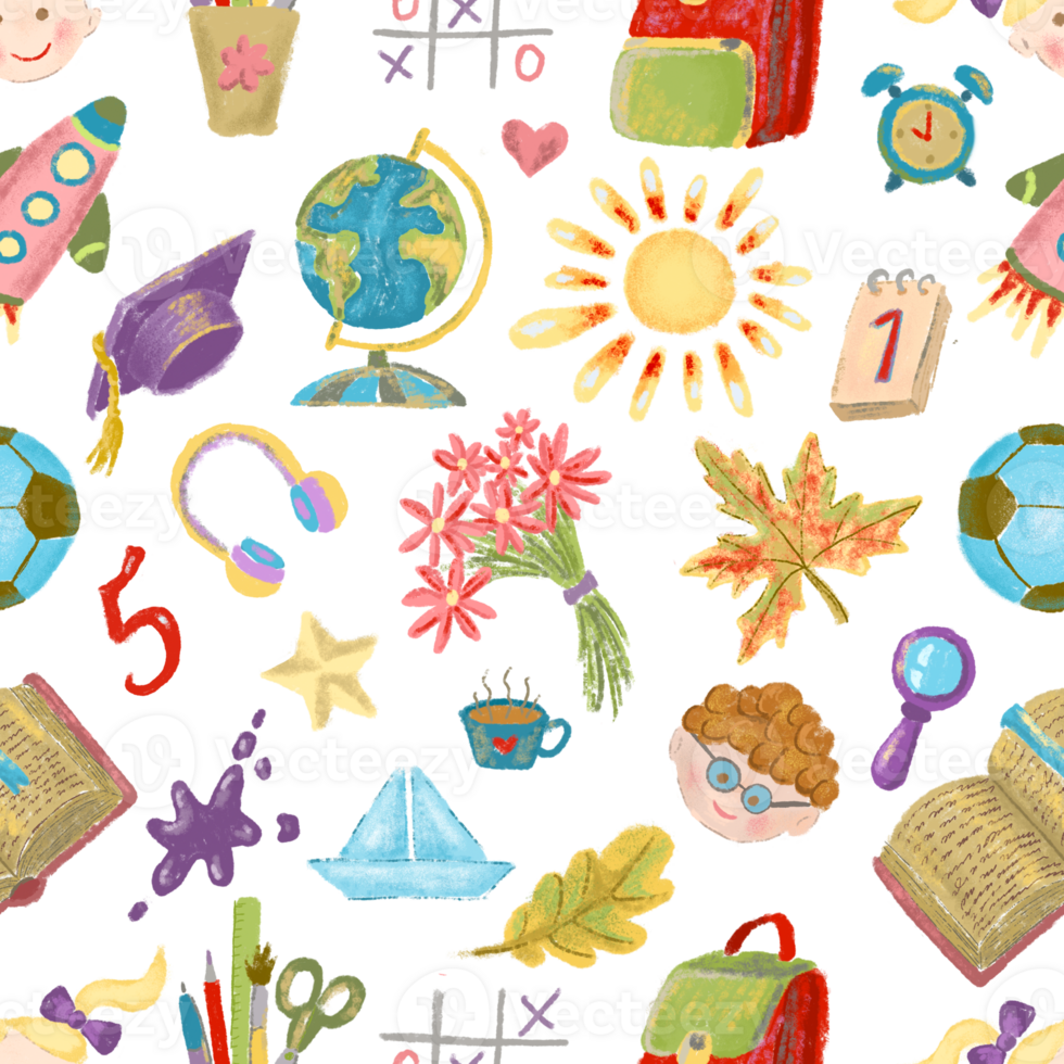 Seamless pattern with watercolor school objects. Learning and education, September 1 and Knowledge day concept. Colorful cartoon doodles and clipart, hand drawn illustration png