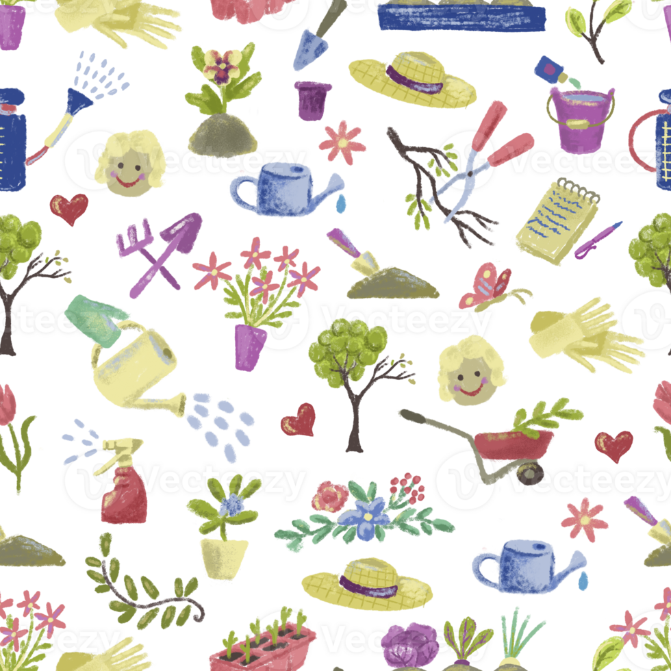 Seamless pattern with watercolor garden objects and plants. Agriculture, farming and gardening concept, summer and spring cartoon doodles, hand drawn vintage colorful illustration png