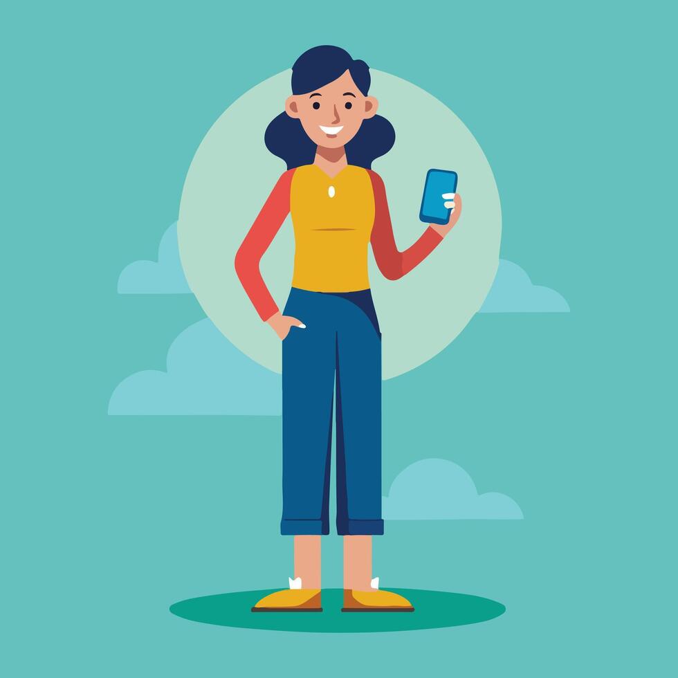 a woman is standing and using a mobile phone Flat illustration vector