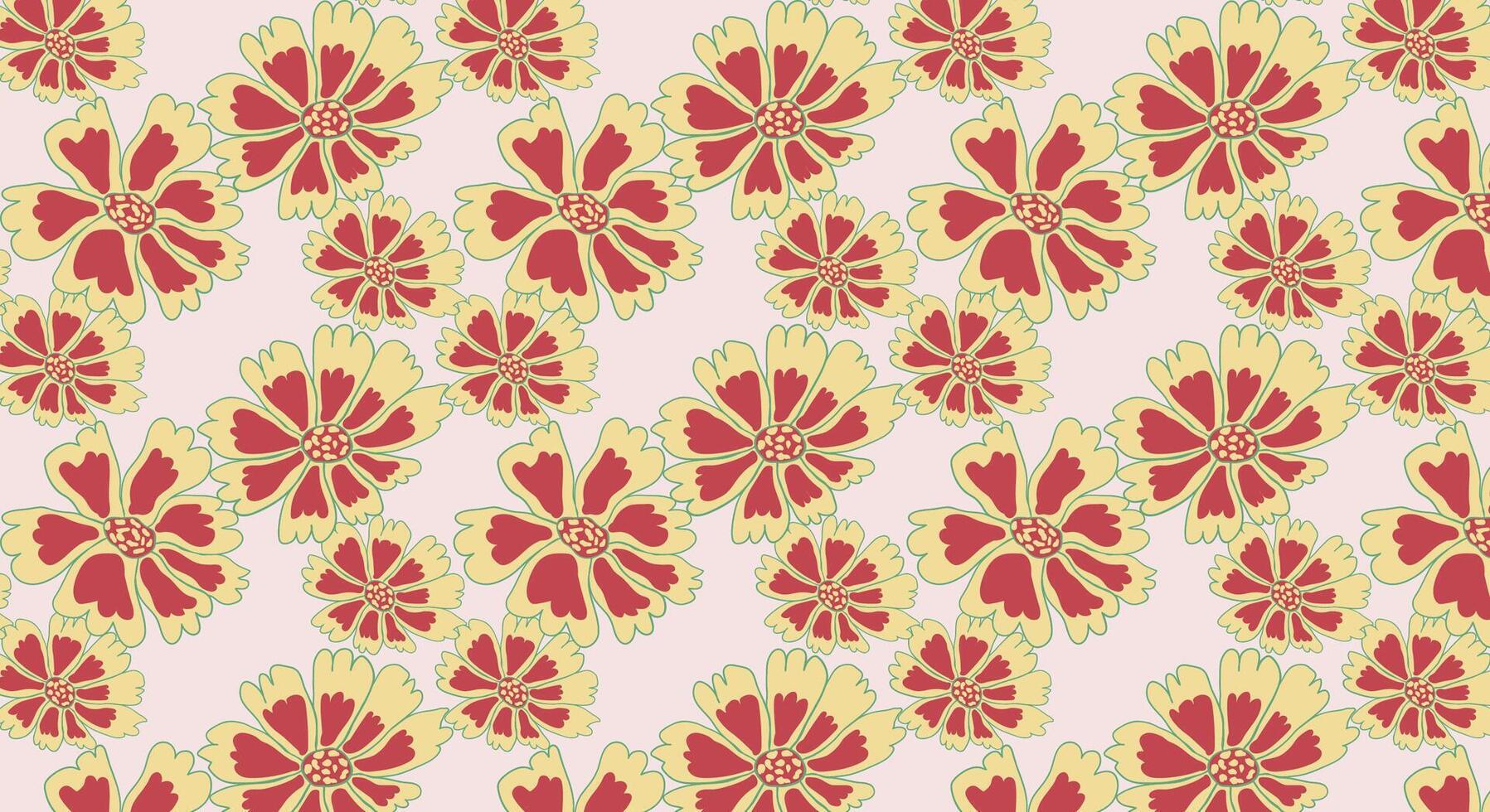 A pattern with red and yellow flowers on a pink background vector
