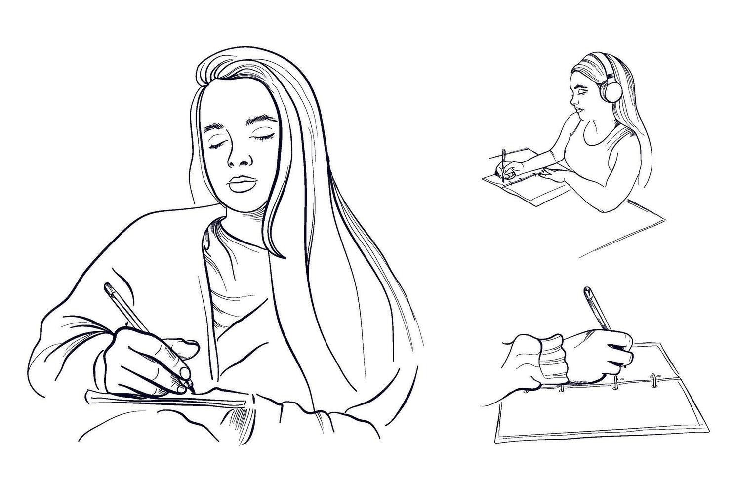 a set of hand-drawn drawings of a girl doing homework, writing in a diary vector