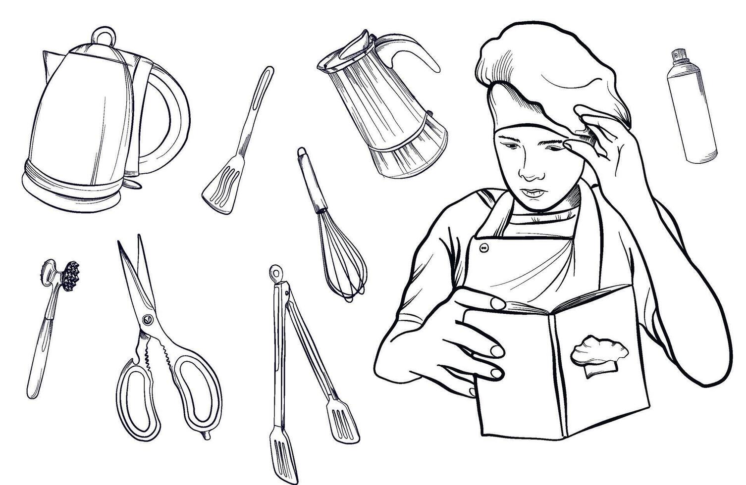a set of hand-drawn drawings by a chef with a book with recipes and kitchen tools illustration vector