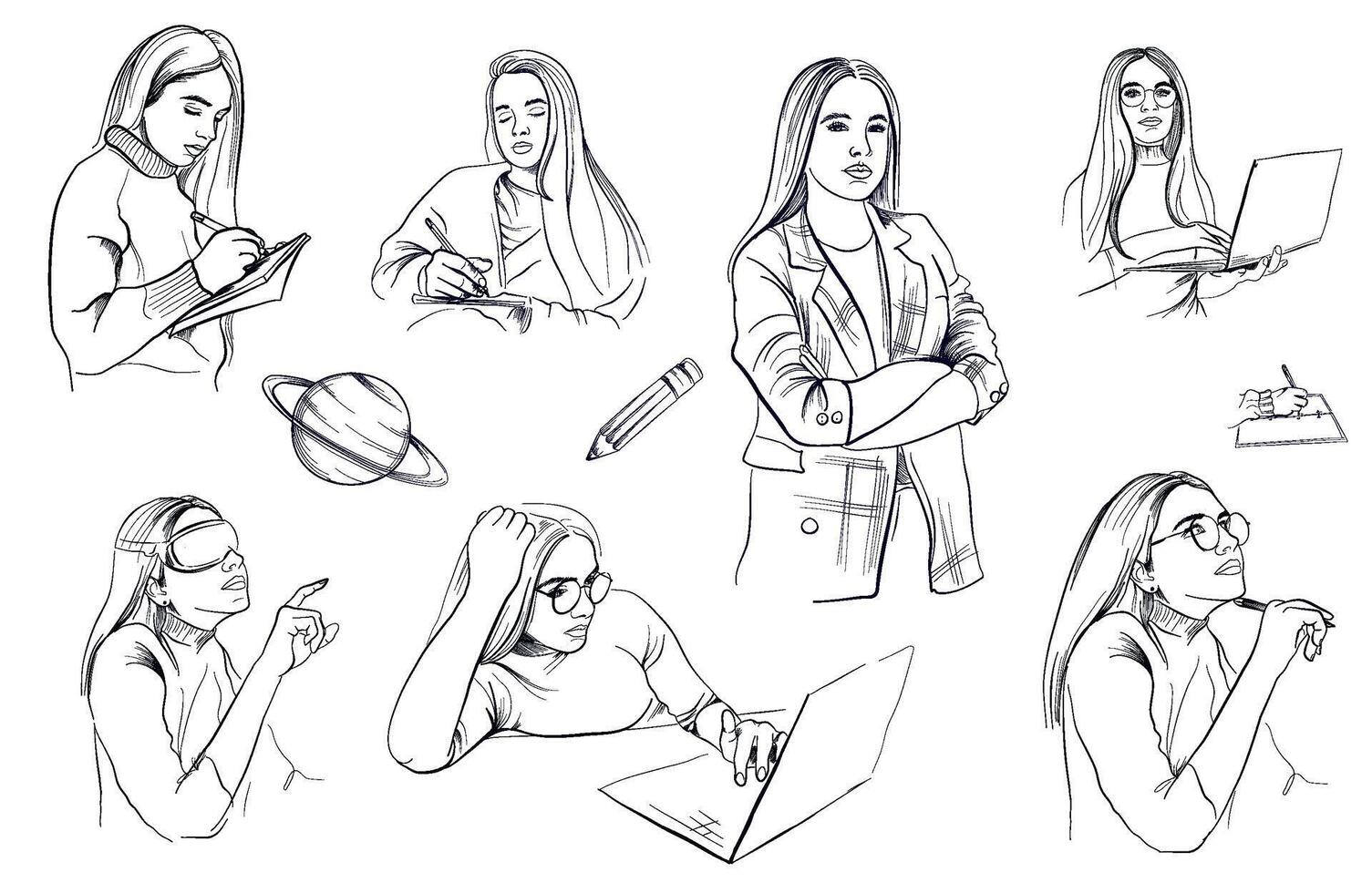 a set of hand-drawn drawings of a girl with a laptop, writing in a notebook, a student girl, a schoolgirl vector