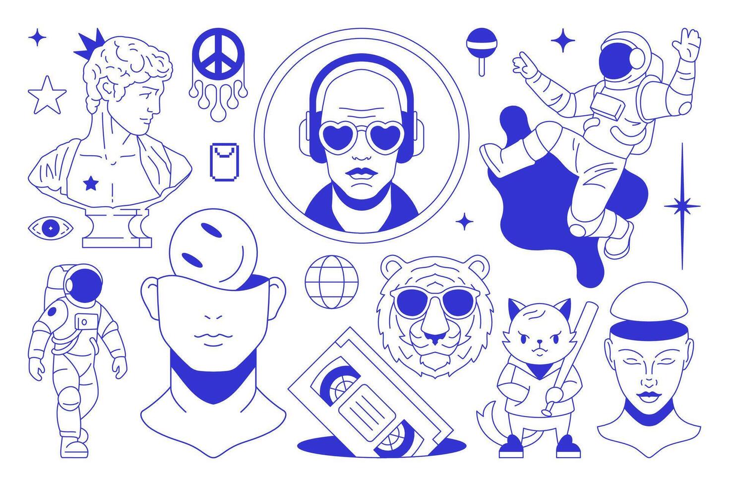Y2k psychedelic comic blue pen sketch contemporary pop art concept line icon set flat vector