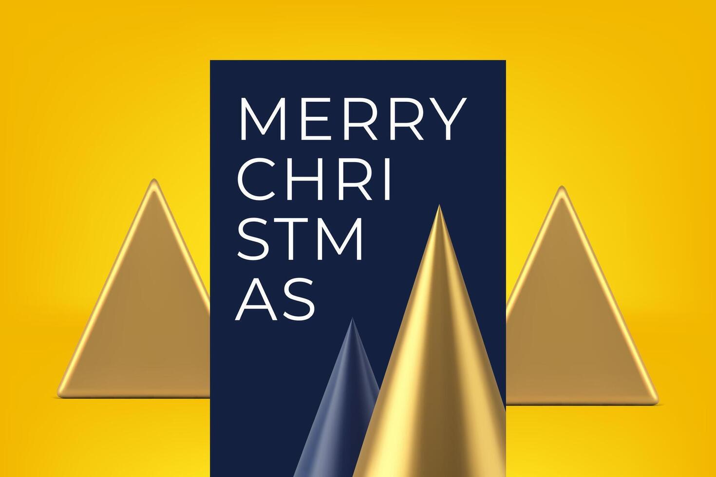 Fashion Merry Christmas greeting card golden black geometric cone shape realistic 3d icon vector
