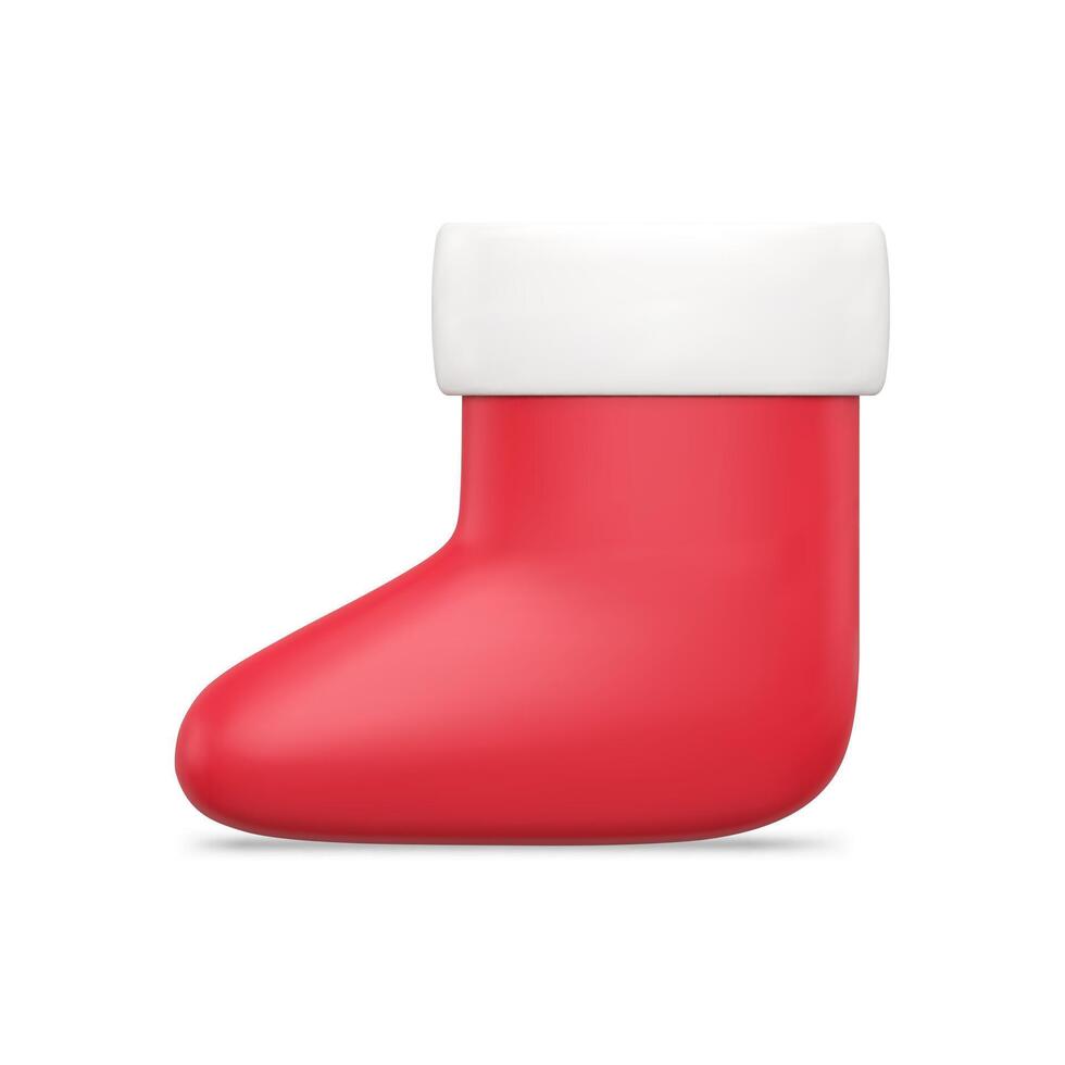 Red realistic Santa Claus shoe with white fur 3d template side view illustration vector