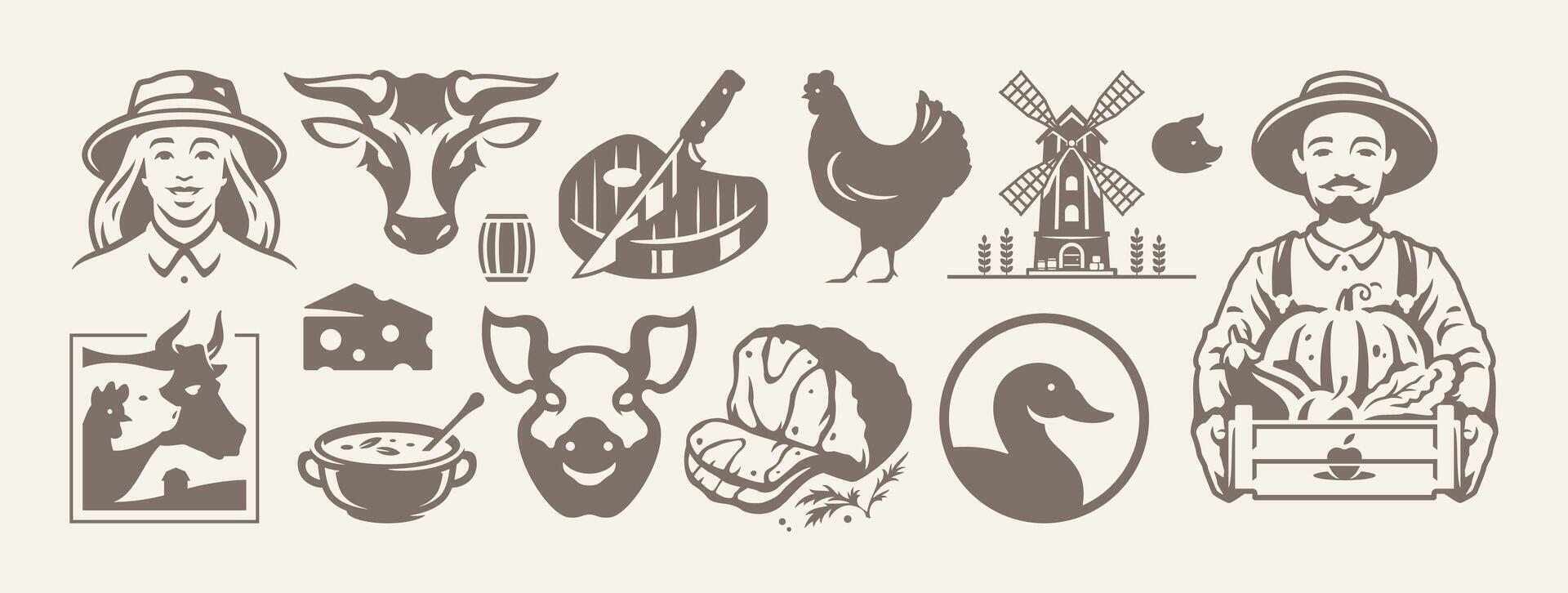 Farm food agriculture production meat vegetables isolated retro icon set flat illustration vector