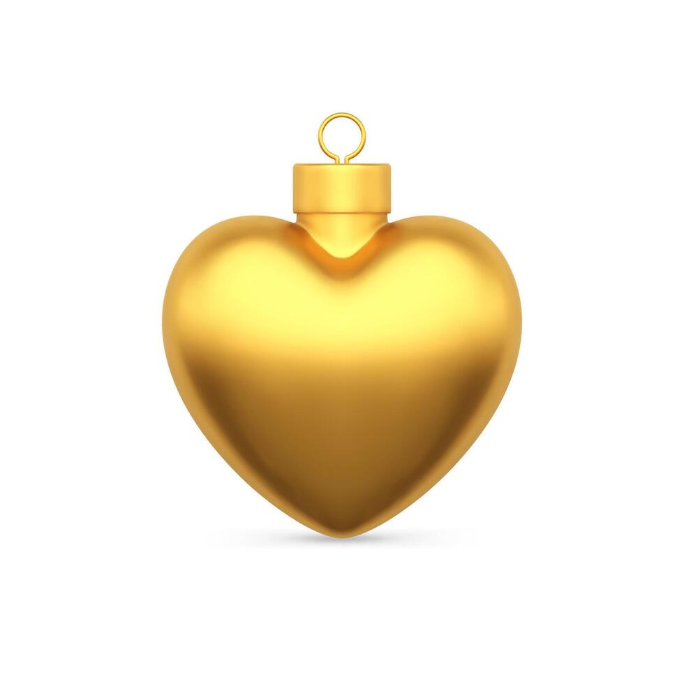 Realistic premium Christmas toy glossy golden metallic heart shape with loop for hanging vector