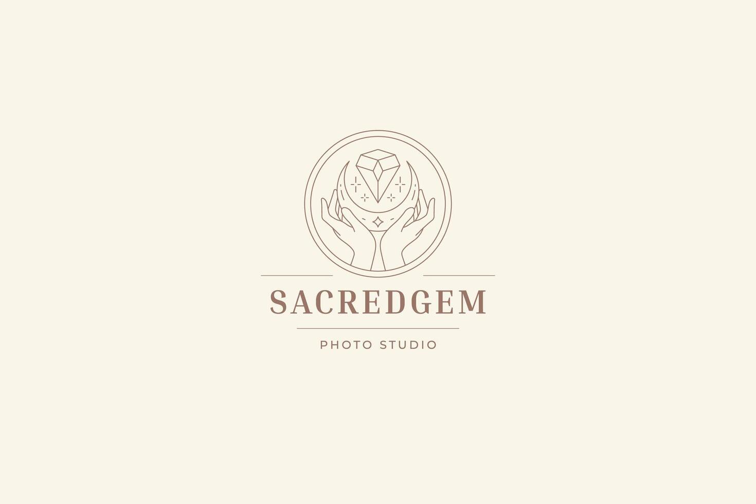 Sacred hands with crescent and gem crystal line art logo design template illustration vector